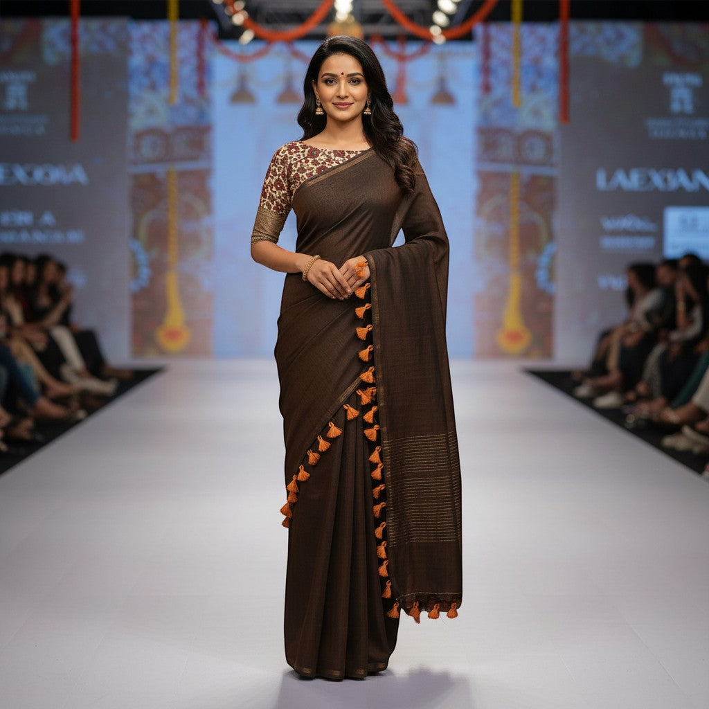 For She - Avalukaaga brown pure kaadhi soft cotton saree with orange tassels and embroidered blouse.