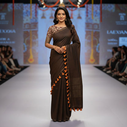 For She - Avalukaaga brown pure kaadhi soft cotton saree with orange tassels and embroidered blouse.