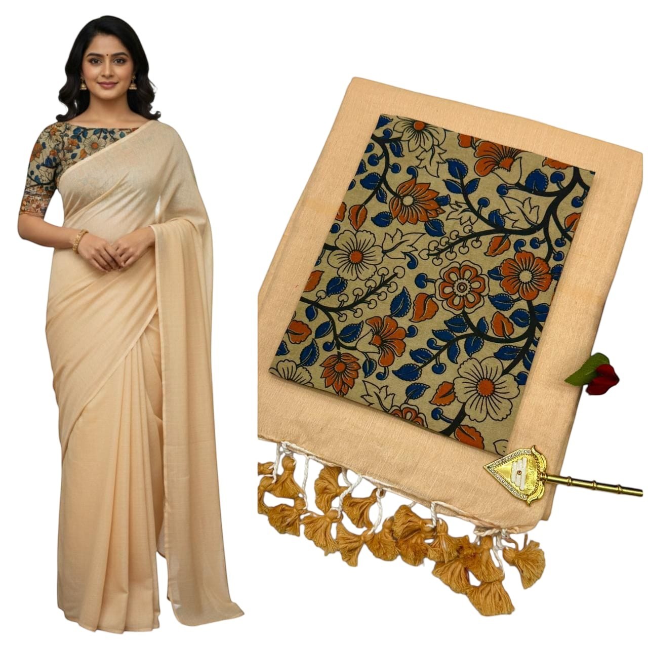For She - Avalukaaga cream pure kaadhi soft cotton saree with floral print blouse and tassels.