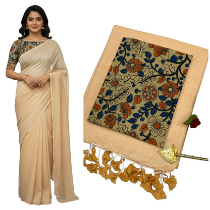 For She - Avalukaaga cream pure kaadhi soft cotton saree with floral print blouse and tassels.