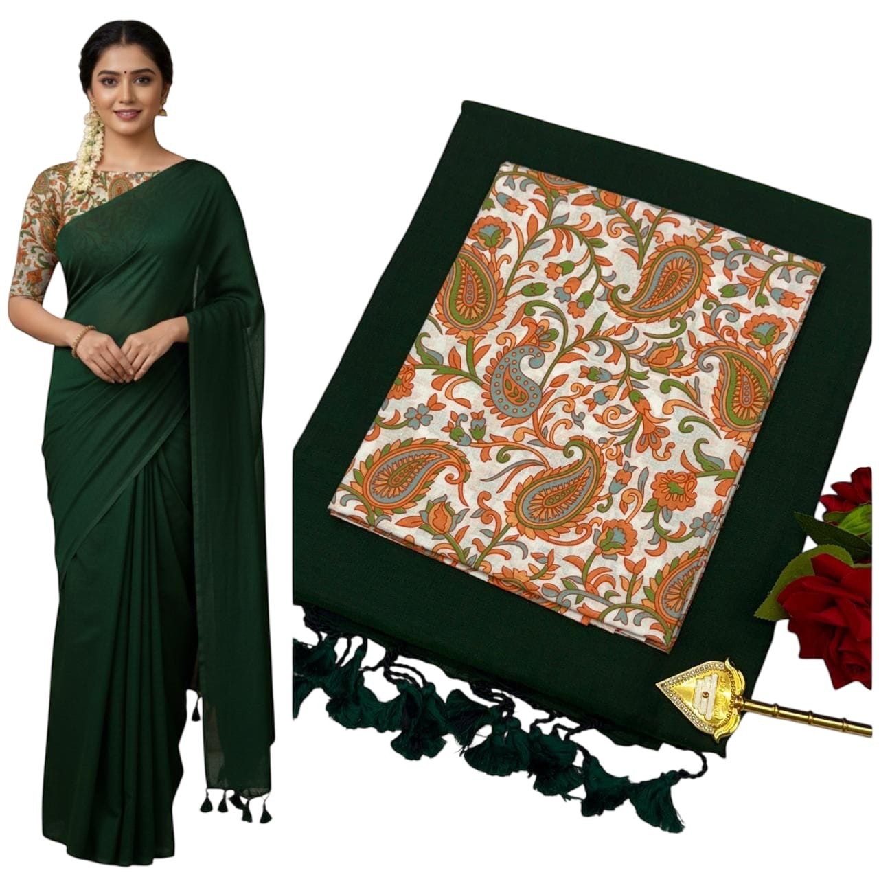 For She - Avalukaaga dark green pure soft cotton kaadhi saree with paisley print blouse and tassels.