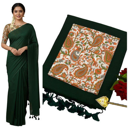 For She - Avalukaaga dark green pure soft cotton kaadhi saree with paisley print blouse and tassels.