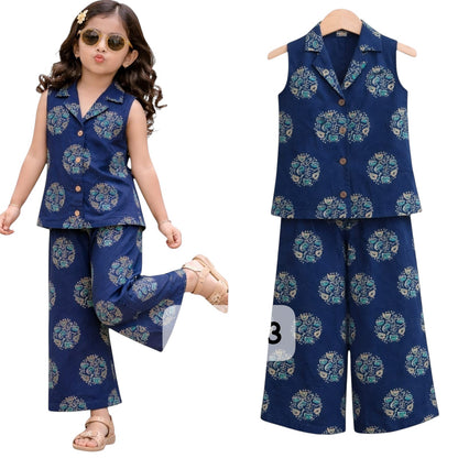 For She-Avalukaaga girls navy blue cotton cord set with a floral print, sleeveless collared top and wide-leg pants.