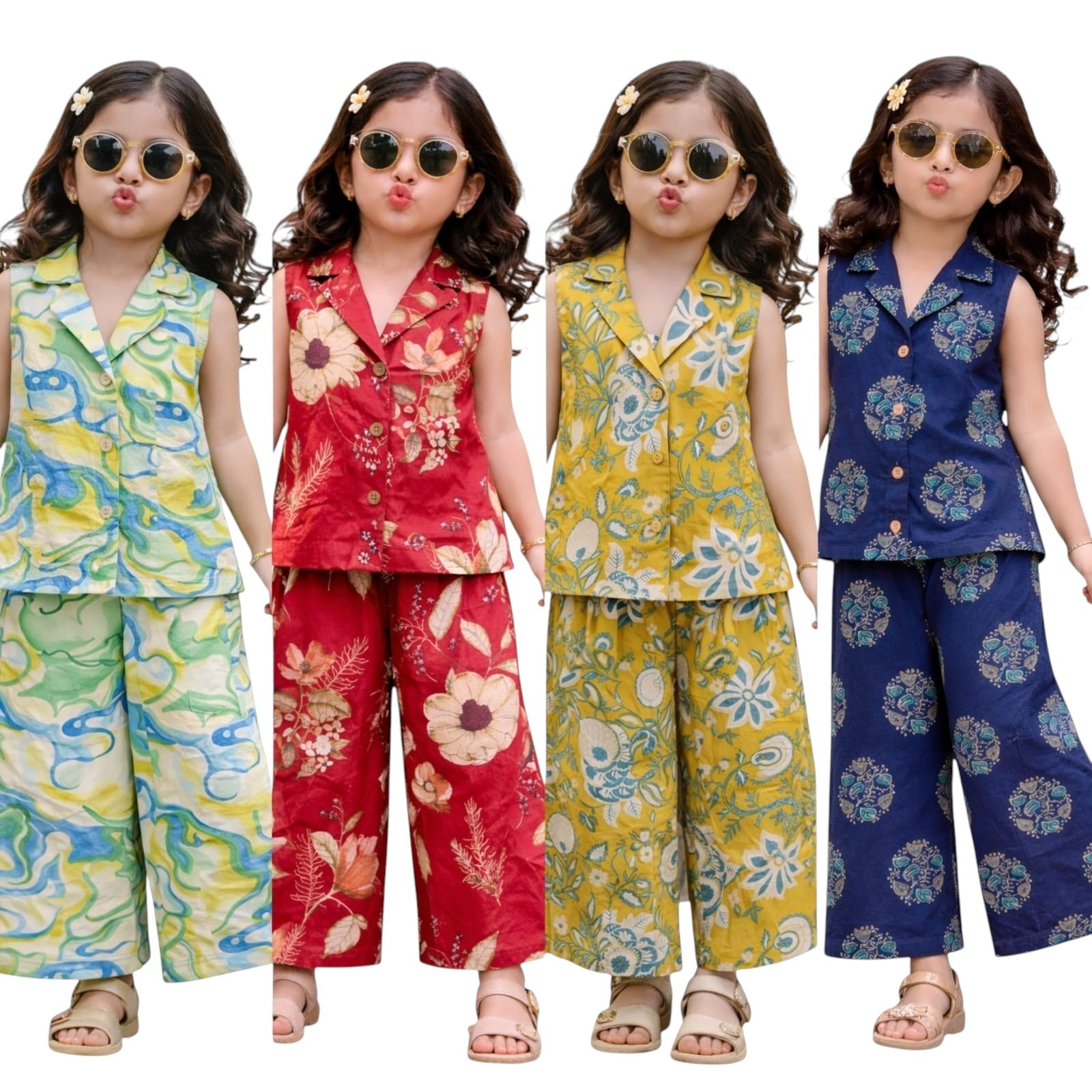 For She-Avalukaaga girls' sleeveless pure cotton cord set in blue, yellow, red, and green prints.