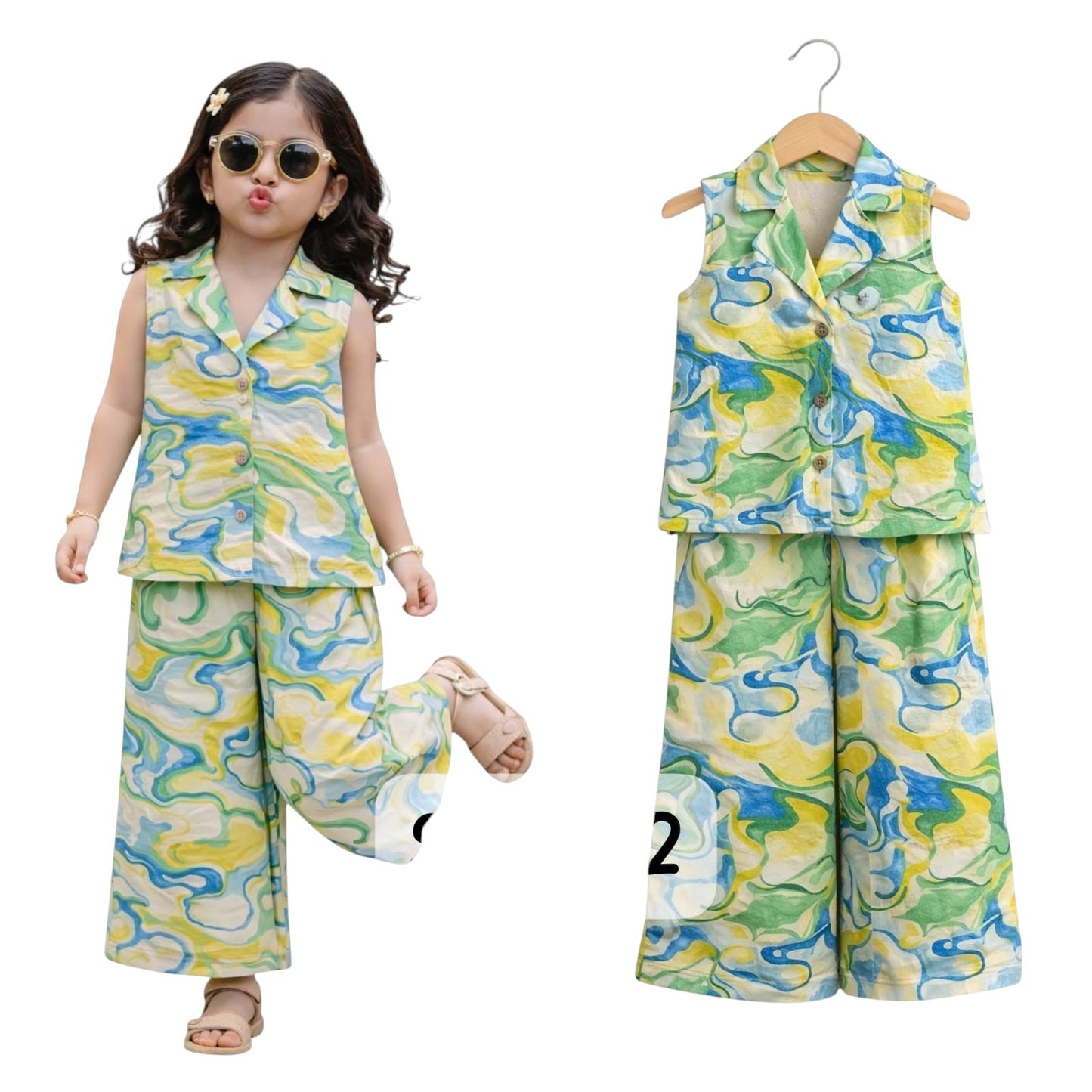 For She-Avalukaaga girls sleeveless pure cotton cord set with abstract blue, green, and yellow print. Features a collared button-up top and wide-leg pants.