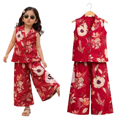 For She-Avalukaaga girls red floral print sleeveless cotton cord set with wide-leg pants.