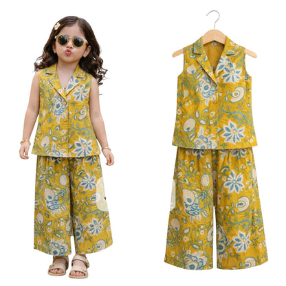 For She-Avalukaaga girls yellow floral print sleeveless cotton cord set with wide-leg pants.