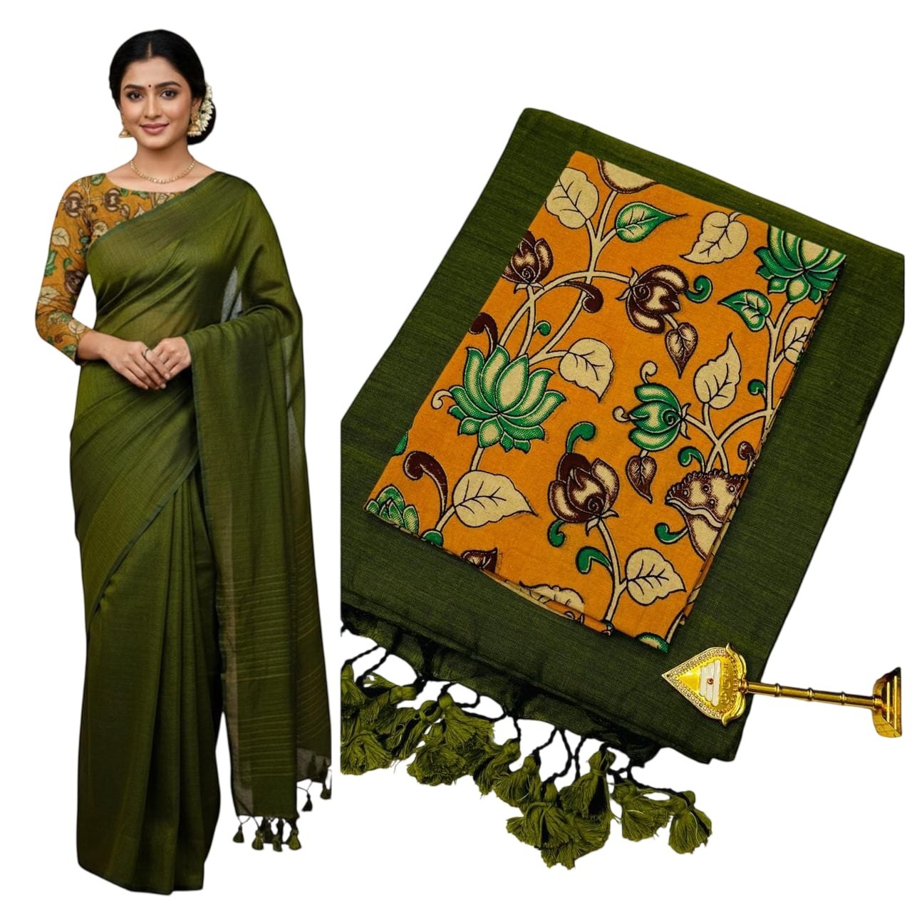 For She - Avalukaaga green pure kaadhi soft cotton saree with floral print blouse and green tassels.