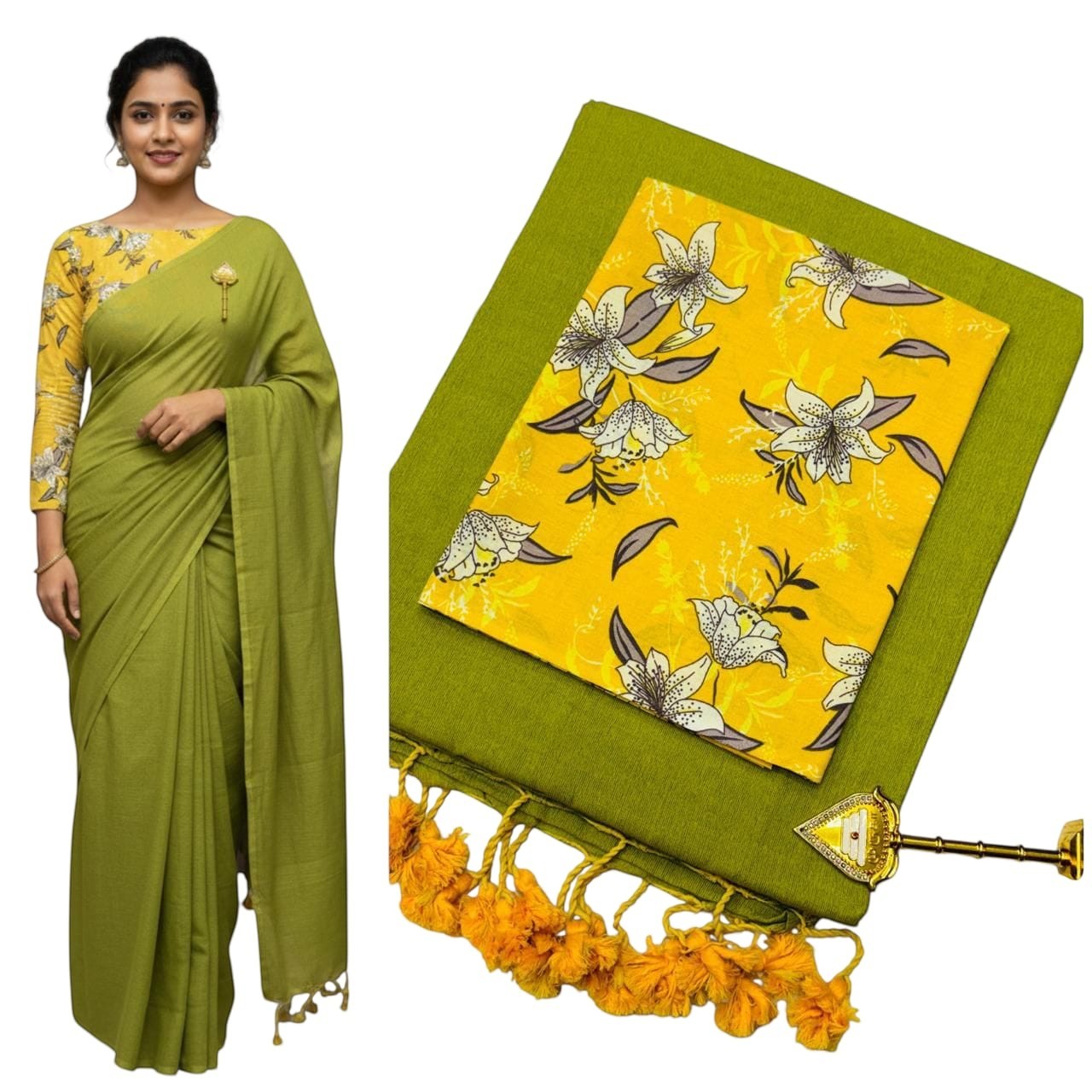 For She - Avalukaaga lime green pure kaadhi soft cotton saree with floral print blouse and yellow tassels.