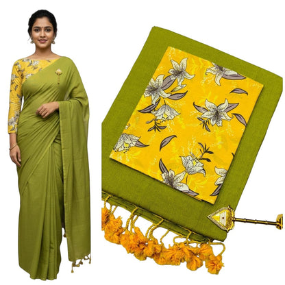 For She - Avalukaaga lime green pure kaadhi soft cotton saree with floral print blouse and yellow tassels.