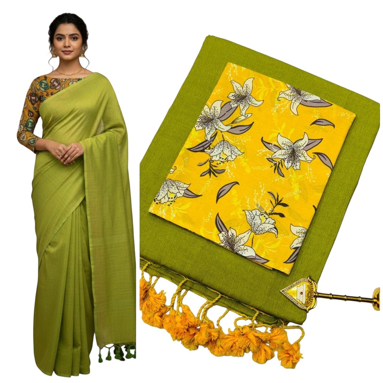 For She - Avalukaaga lime green pure kaadhi soft cotton saree with floral print blouse and yellow tassels.