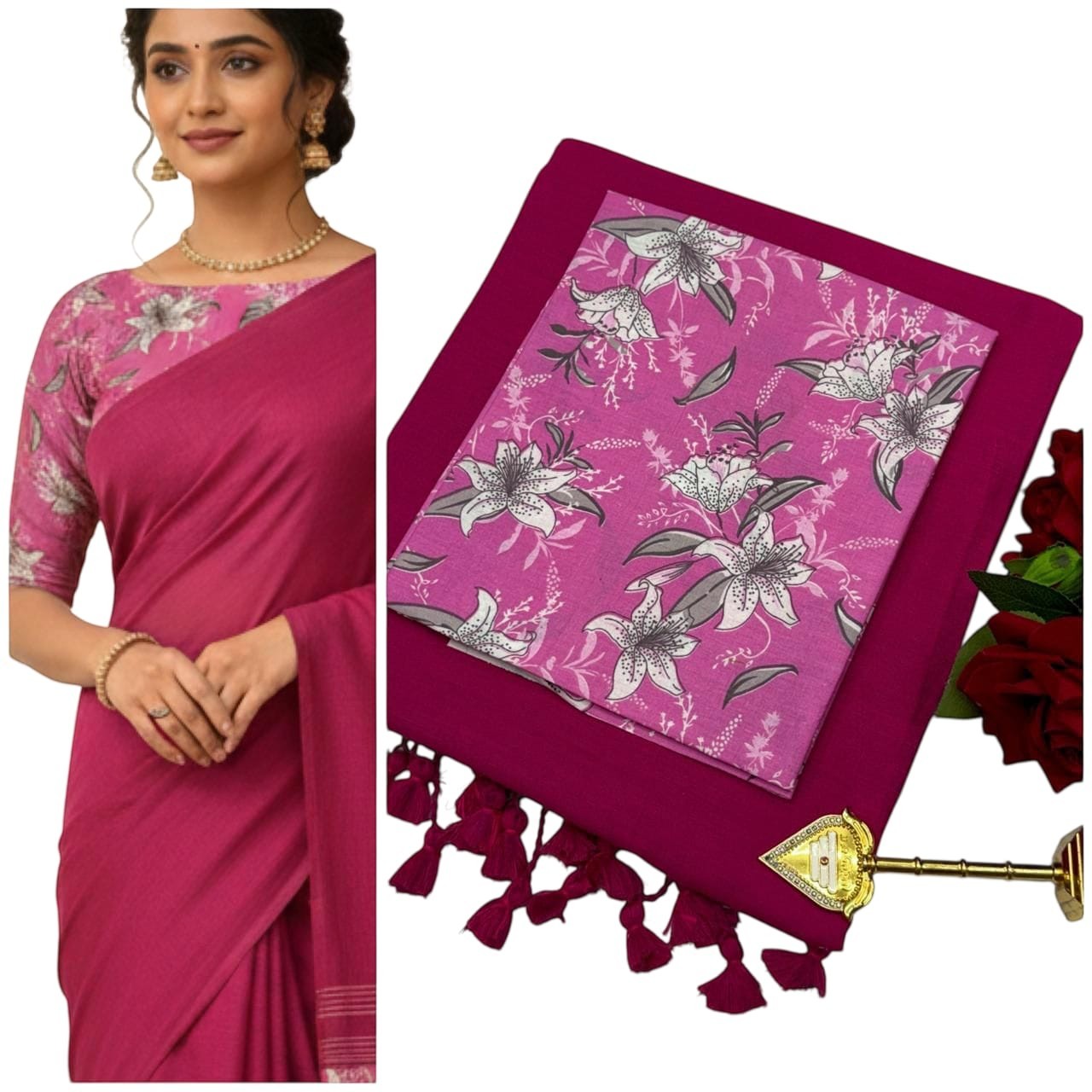 For She - Avalukaaga magenta pure cotton kaadhi saree with floral print blouse and tassel border.