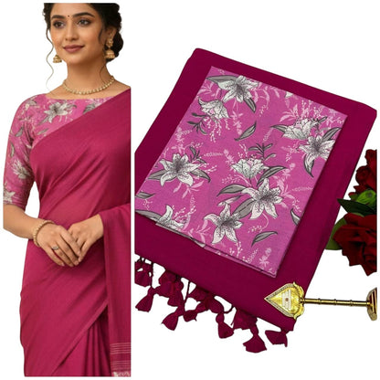 For She - Avalukaaga magenta pure cotton kaadhi saree with floral print blouse and tassel border.