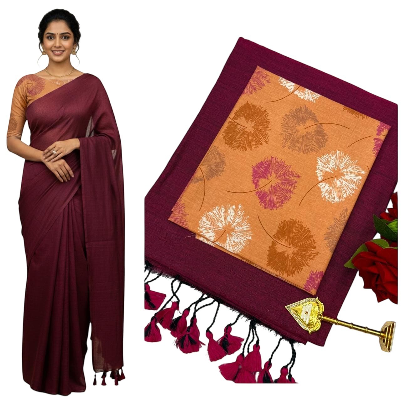 For She - Avalukaaga maroon pure cotton kaadhi saree with floral print blouse and tassel border.