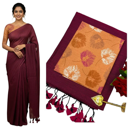 For She - Avalukaaga maroon pure cotton kaadhi saree with floral print blouse and tassel border.