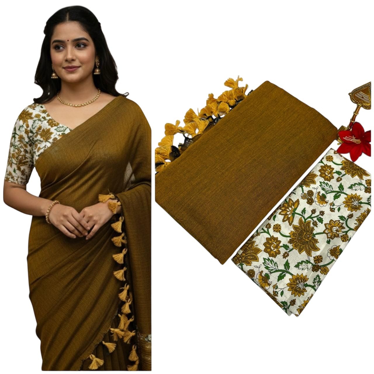 For She - Avalukaaga mustard yellow pure cotton kaadhi saree with tassels and floral print blouse.
