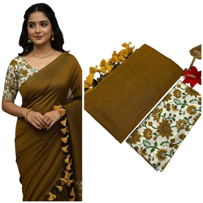 For She - Avalukaaga mustard yellow pure cotton kaadhi saree with tassels and floral print blouse.
