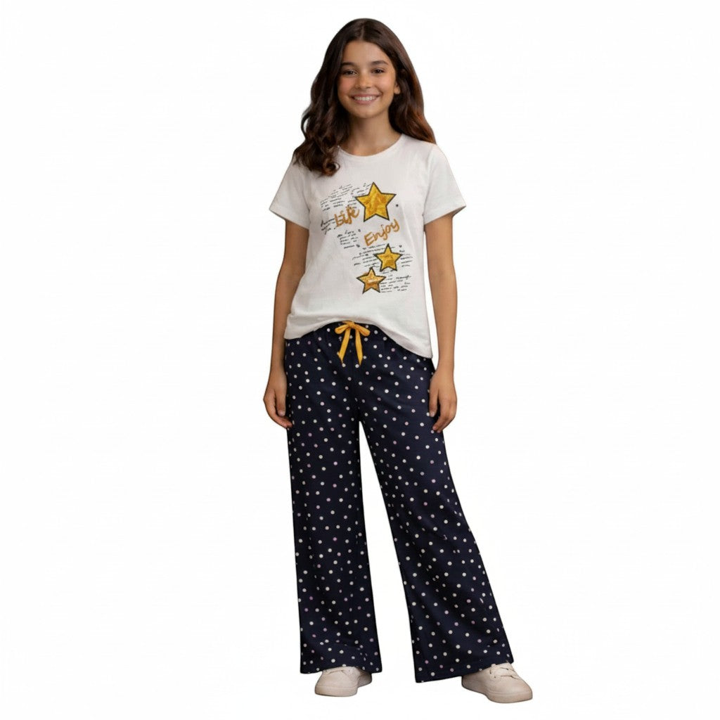 For She - Avalukaaga navy blue polka dot wide leg pajama pants with yellow drawstring waist