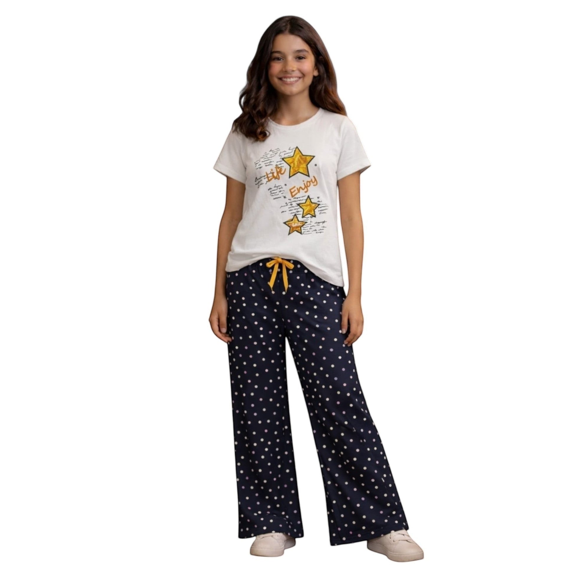 For She - Avalukaaga navy blue polka dot wide leg pajama pants with yellow drawstring waist.