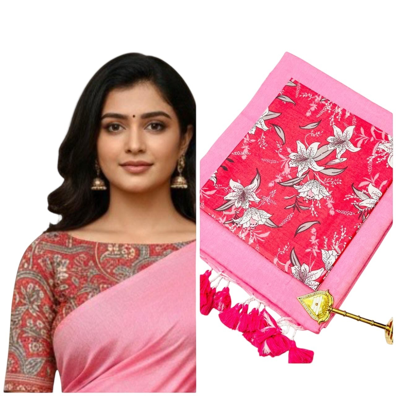 For She - Avalukaaga pink pure kaadhi soft cotton saree with floral print blouse and pink tassels.