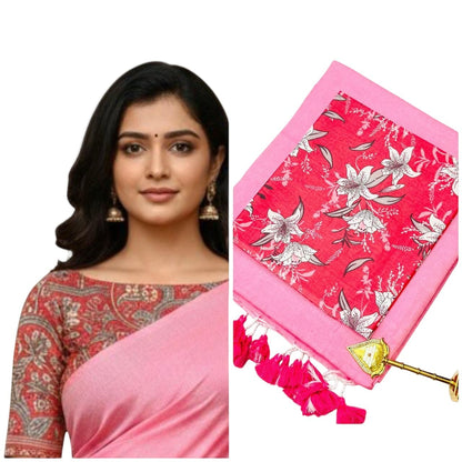 For She - Avalukaaga pink pure kaadhi soft cotton saree with floral print blouse and pink tassels.