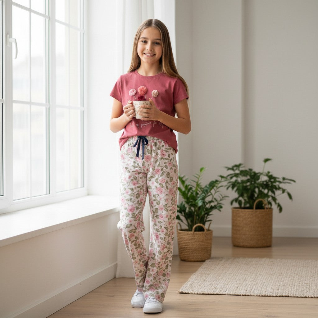 For She - Avalukaaga girl wearing pink floral wide leg pajama pants with drawstring and matching t-shirt on runway.