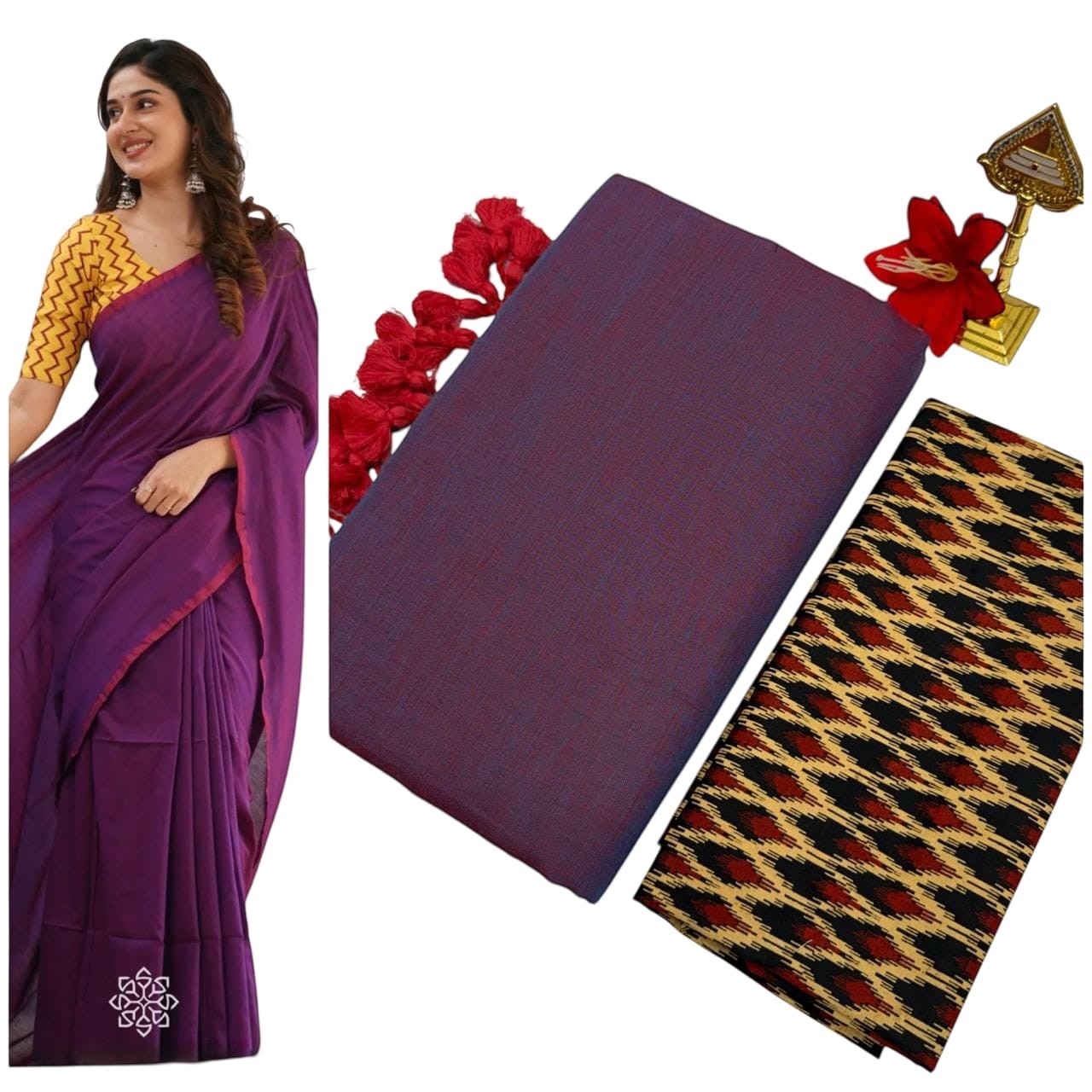 For She - Avalukaaga purple pure kaadhi soft cotton saree with red border and running embroidery blouse. A second fabric with a black, red, and beige ikat pattern is shown.