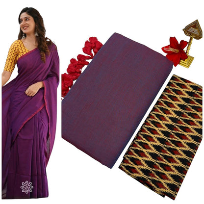For She - Avalukaaga purple pure kaadhi soft cotton saree with red border and running embroidery blouse. A second fabric with a black, red, and beige ikat pattern is shown.
