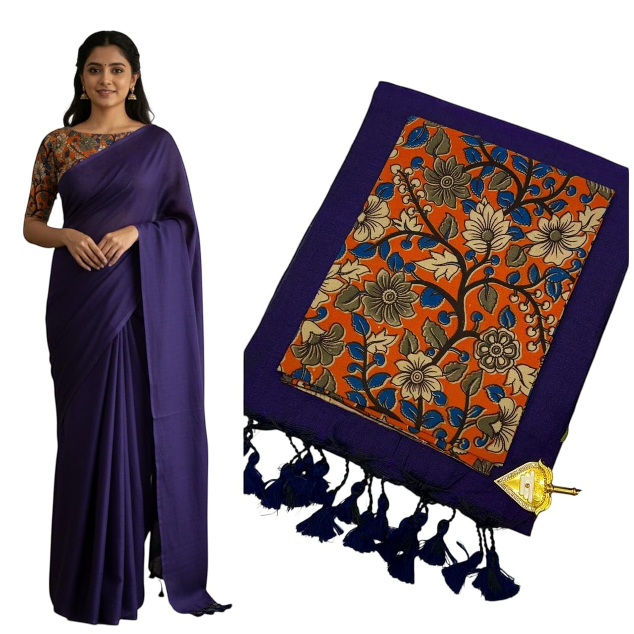 For She - Avalukaaga deep purple pure cotton kaadhi saree with floral print border and tassels. Model wears matching blouse.