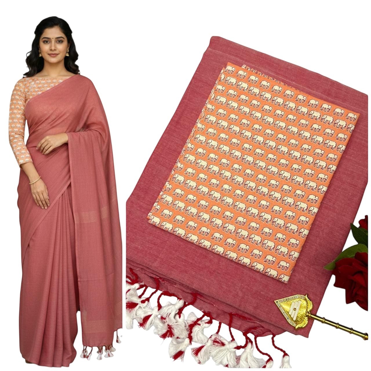 For She - Avalukaaga dusty rose pure cotton kaadhi saree with elephant print blouse and tassel border.