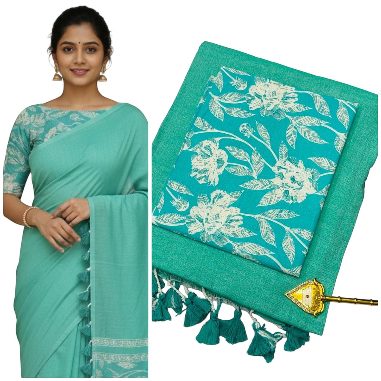 For She - Avalukaaga teal blue pure cotton kaadhi saree with white floral print blouse and tassel border.