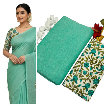 For She - Avalukaaga teal green pure kaadhi soft cotton saree with floral print blouse. Includes running and embroidered blouse piece.