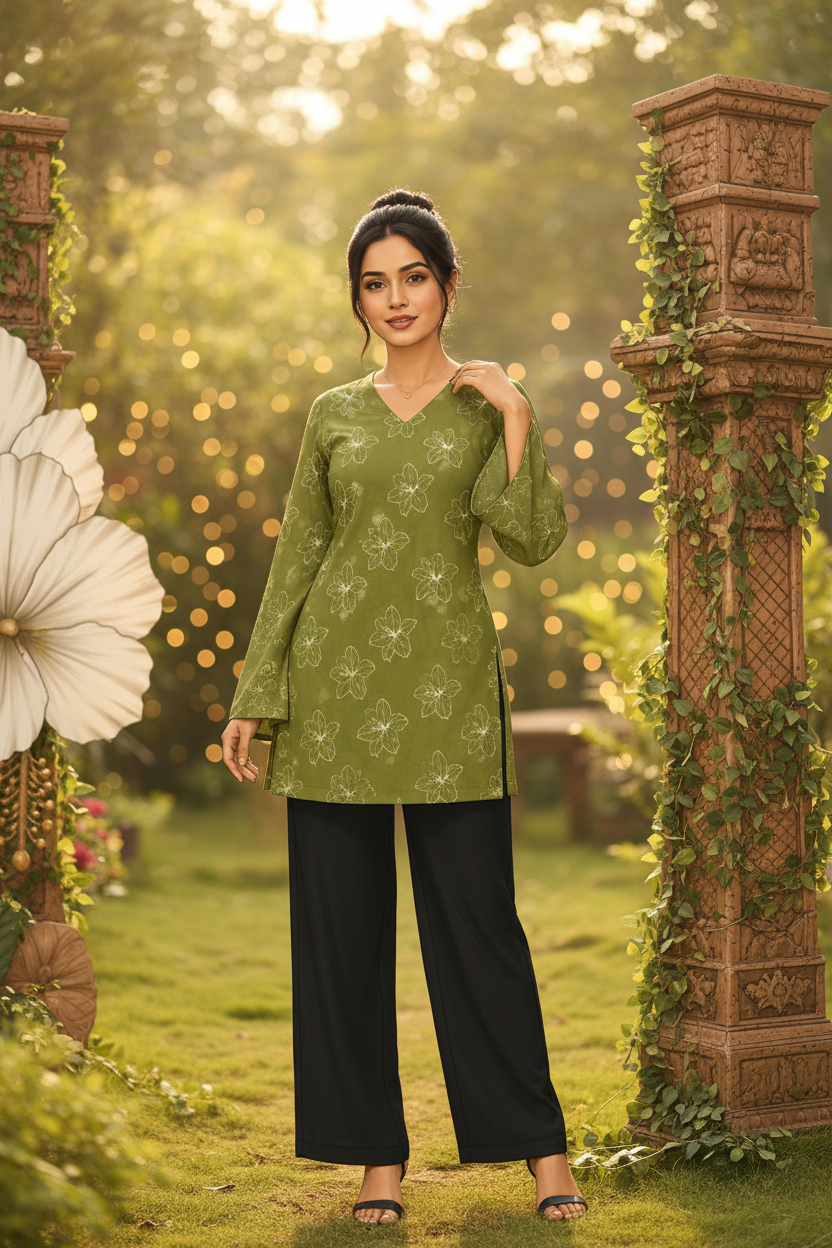 Olive Green Floral Rayon Top